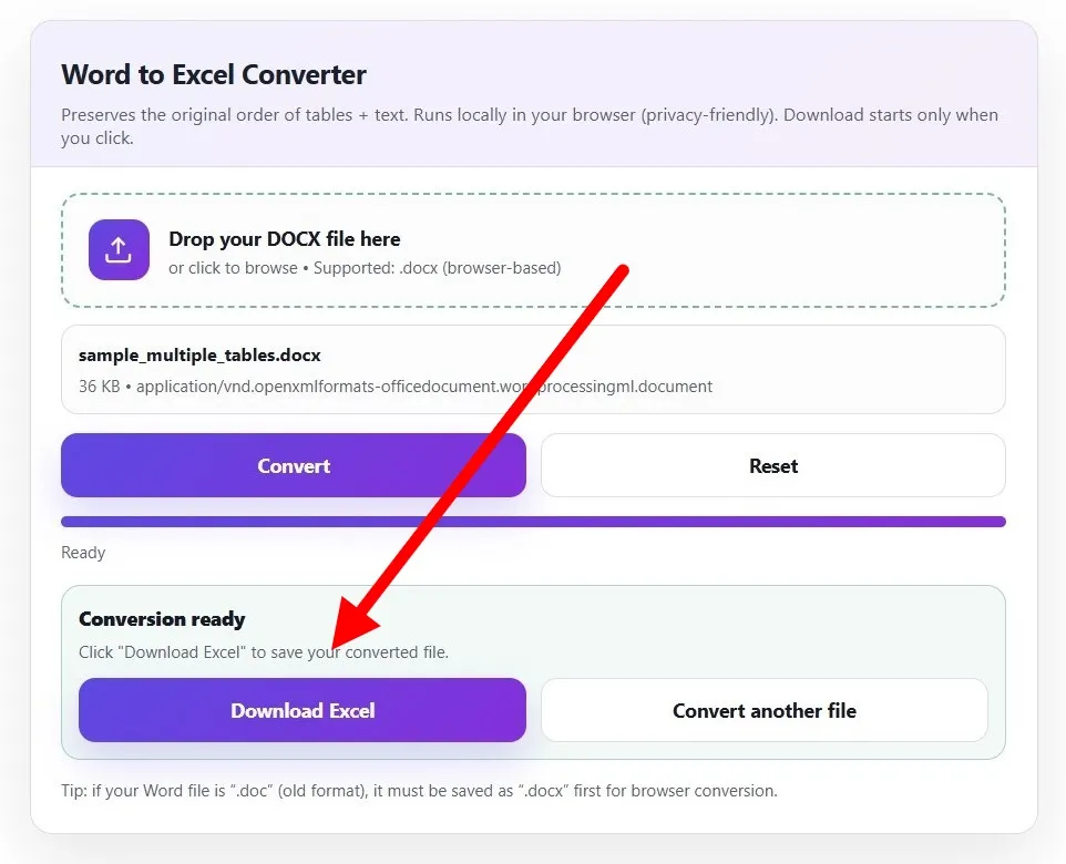 after converting with the Word to Excel converter, click on "download."